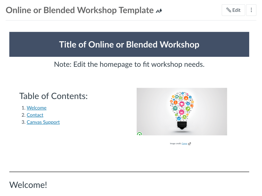Screenshot of the course's homepage